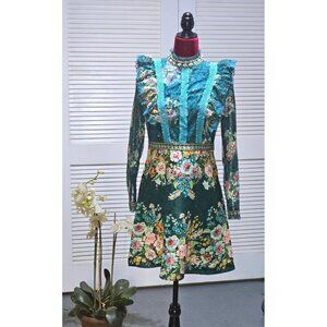 Nishang Huangjiwu Women's Floral Lace Long Sleeve Teal Dress Size L 2448